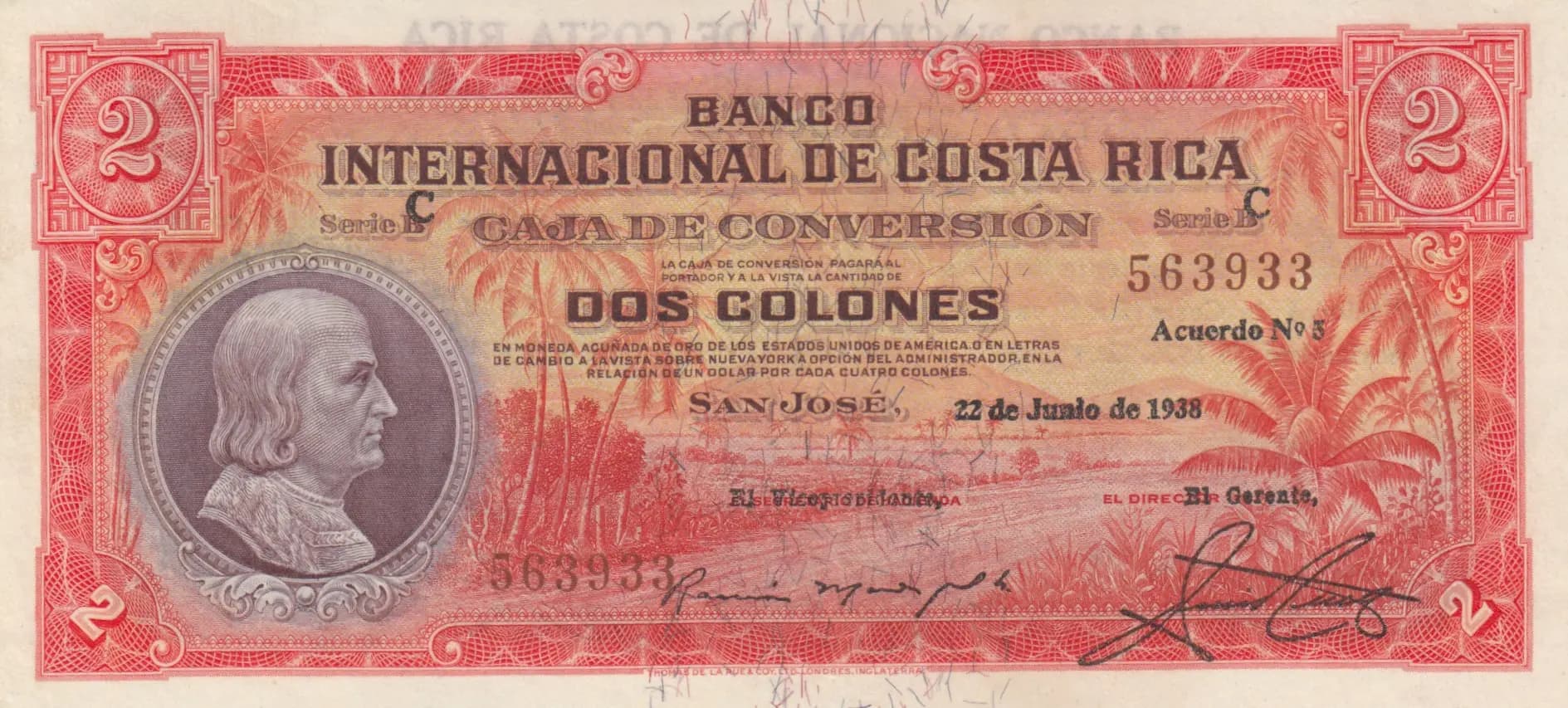 2 colones 1938 from Costa Rica, P-195b (1938) — image 1