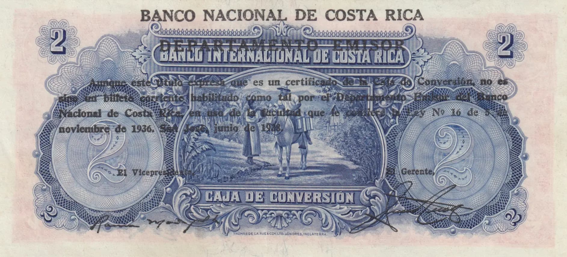 2 colones 1938 from Costa Rica, P-195b (1938) — image 2