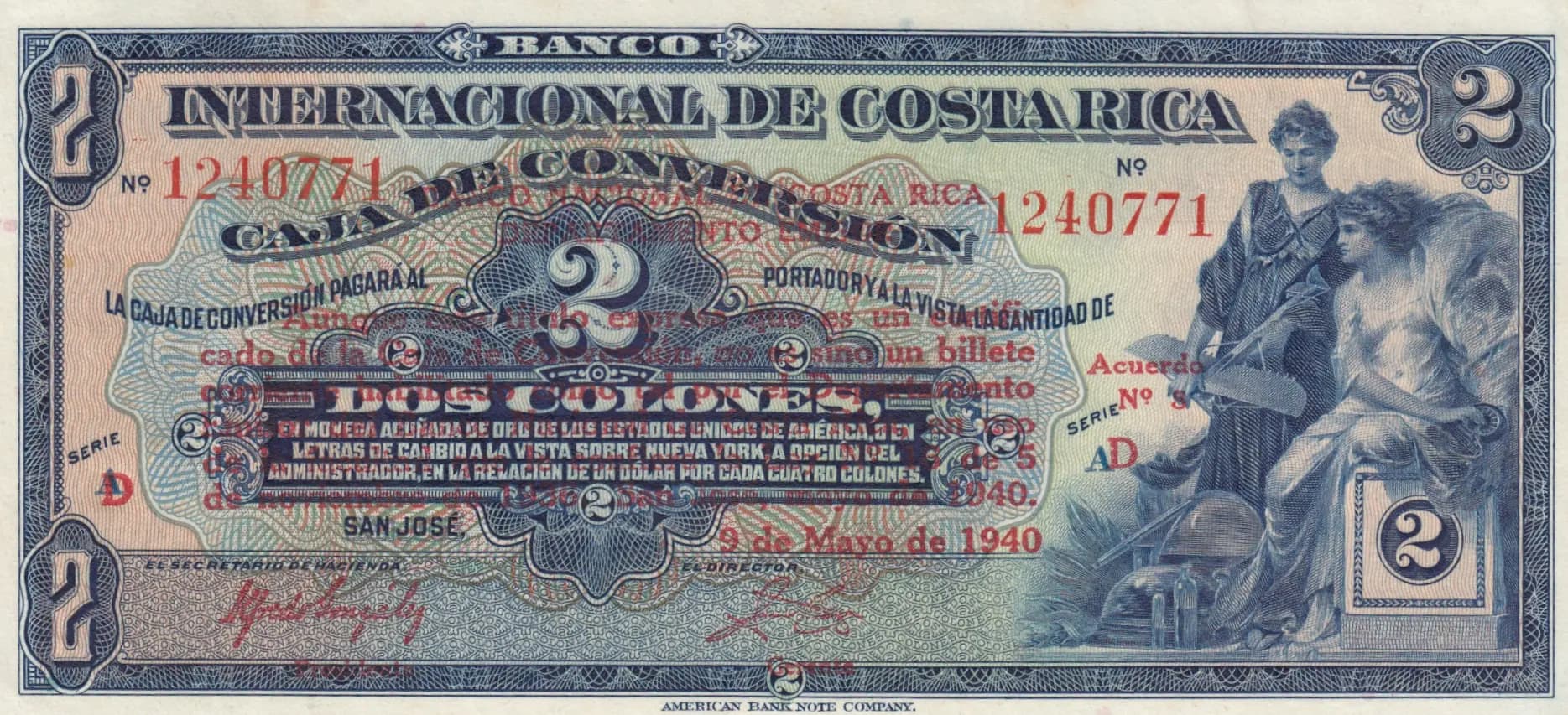 2 colones 1940 from Costa Rica, P-197b (1940) — image 1