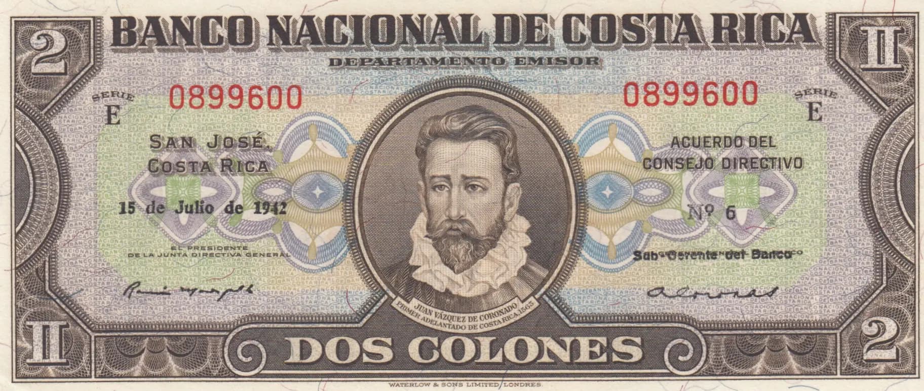 2 colones 1942 from Costa Rica, P-201b