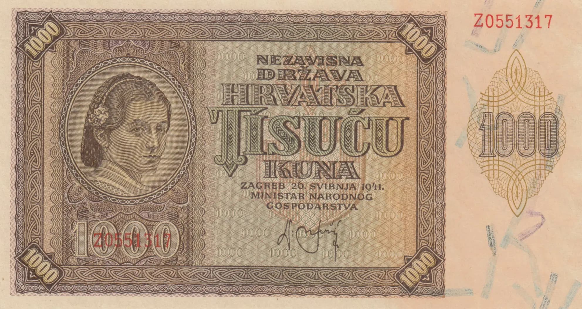 1000 kuna 1941 from Croatia, P-4