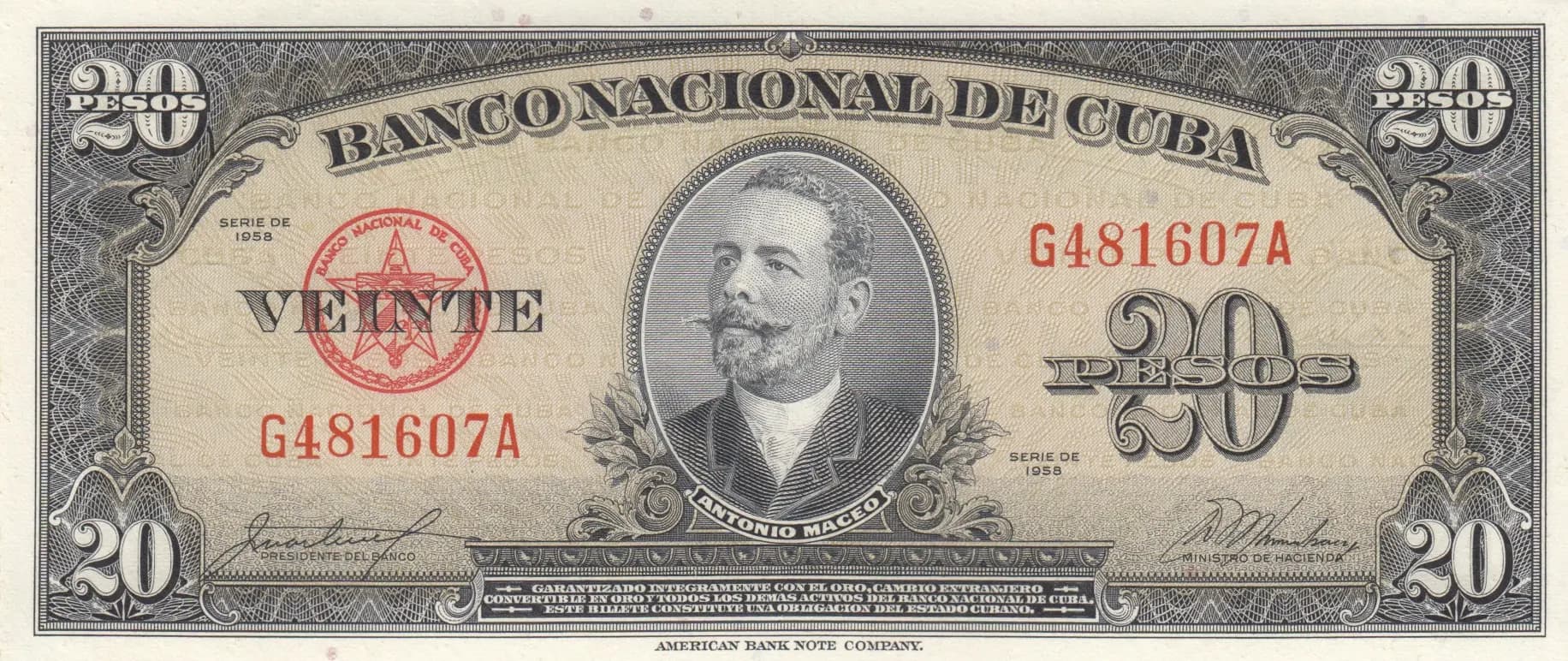 20 pesos 1958 from Cuba , P-80b (1958) — image 1