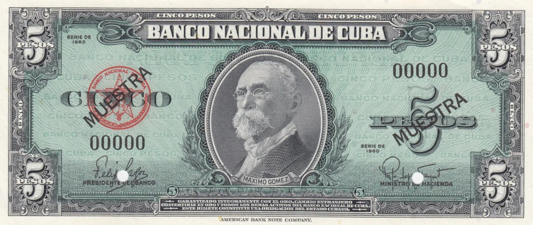 5 pesos 1960 specimen from Cuba , P-92s (1960) — image 1