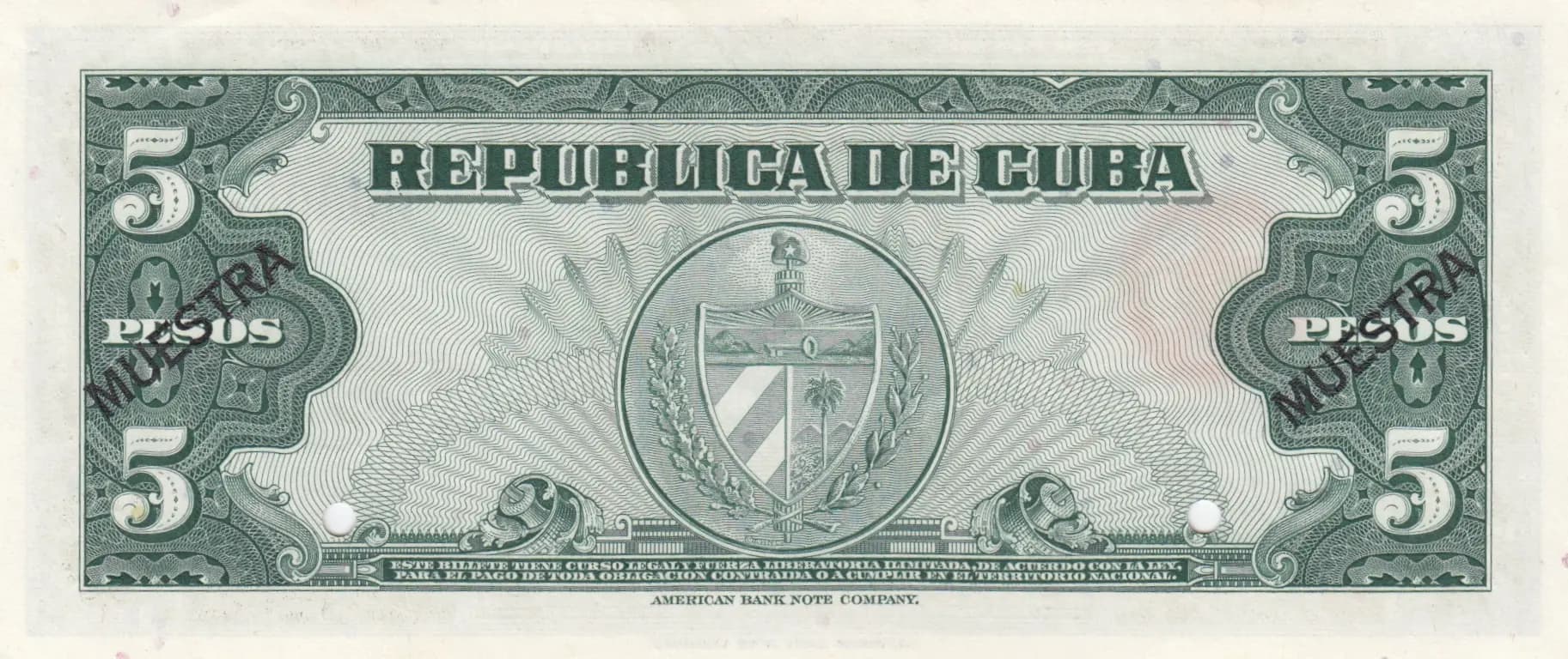 5 pesos 1960 specimen from Cuba , P-92s (1960) — image 2