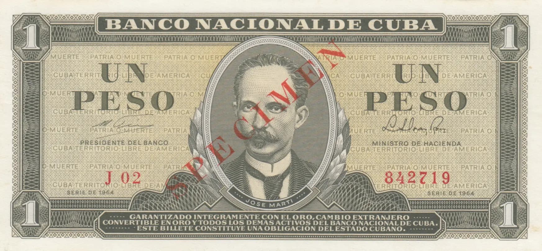 1 peso 1964 specimen from Cuba , P-94bs (1964) — image 1