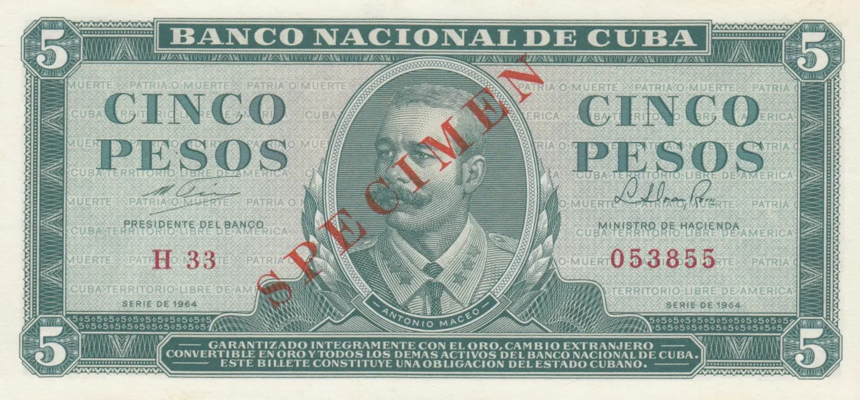 5 pesos 1964 specimen from Cuba , P-95bs (1964) — image 1
