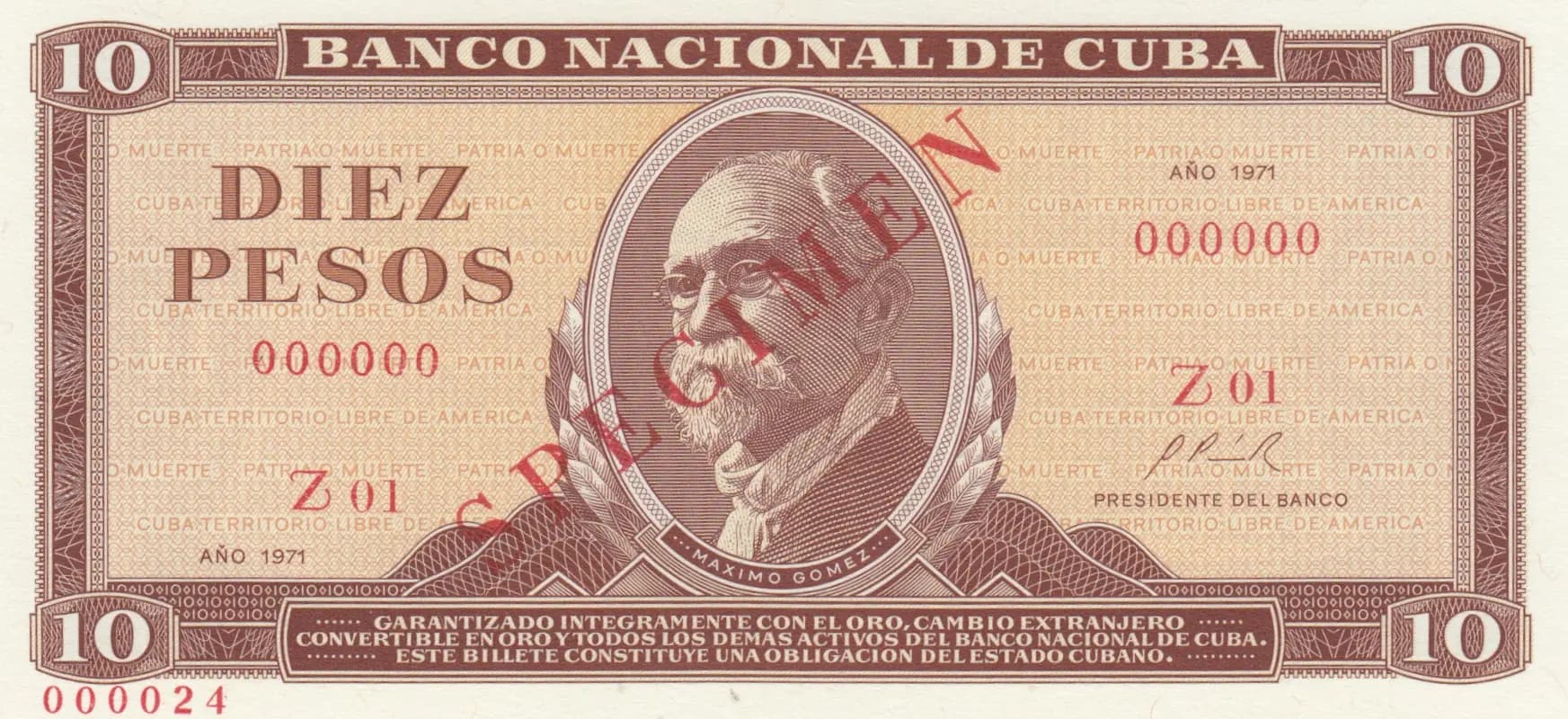 10 pesos 1971 specimen from Cuba , P-104as (1971) — image 1