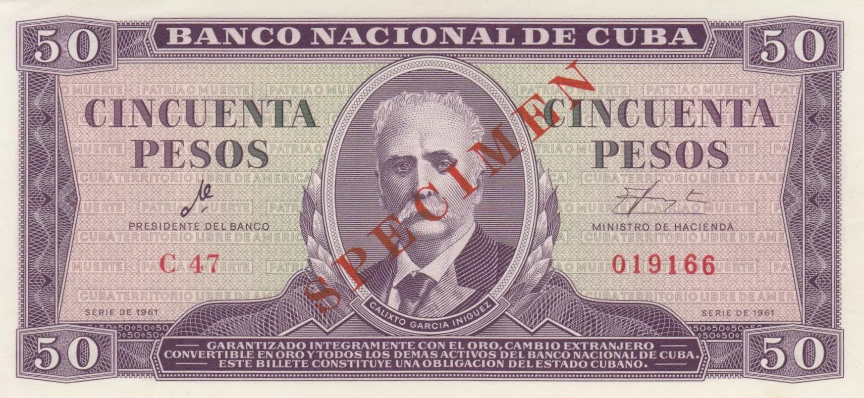 50 pesos 1961 specimen from Cuba , P-98s (1961) — image 1