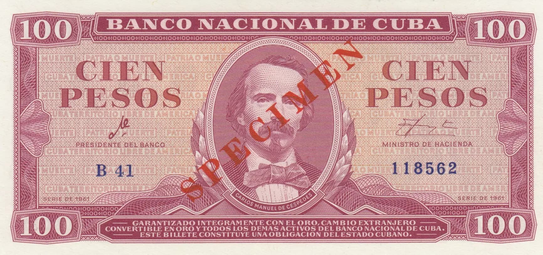 100 pesos 1961 specimen from Cuba , P-99s (1961) — image 1
