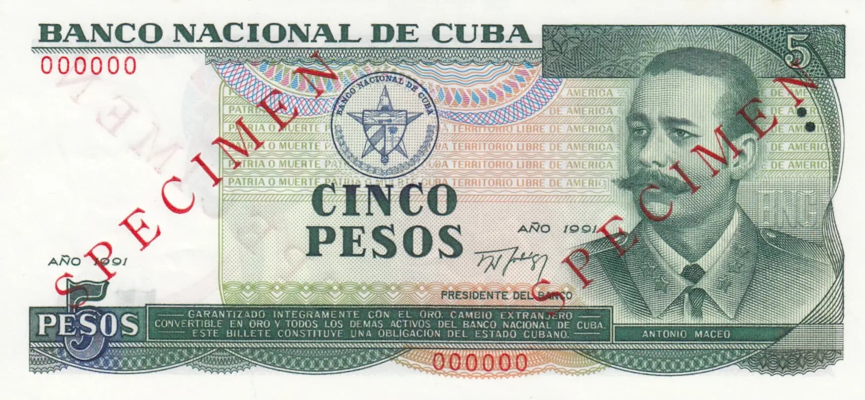 5 pesos 1991 specimen from Cuba , P-108s (1991) — image 1