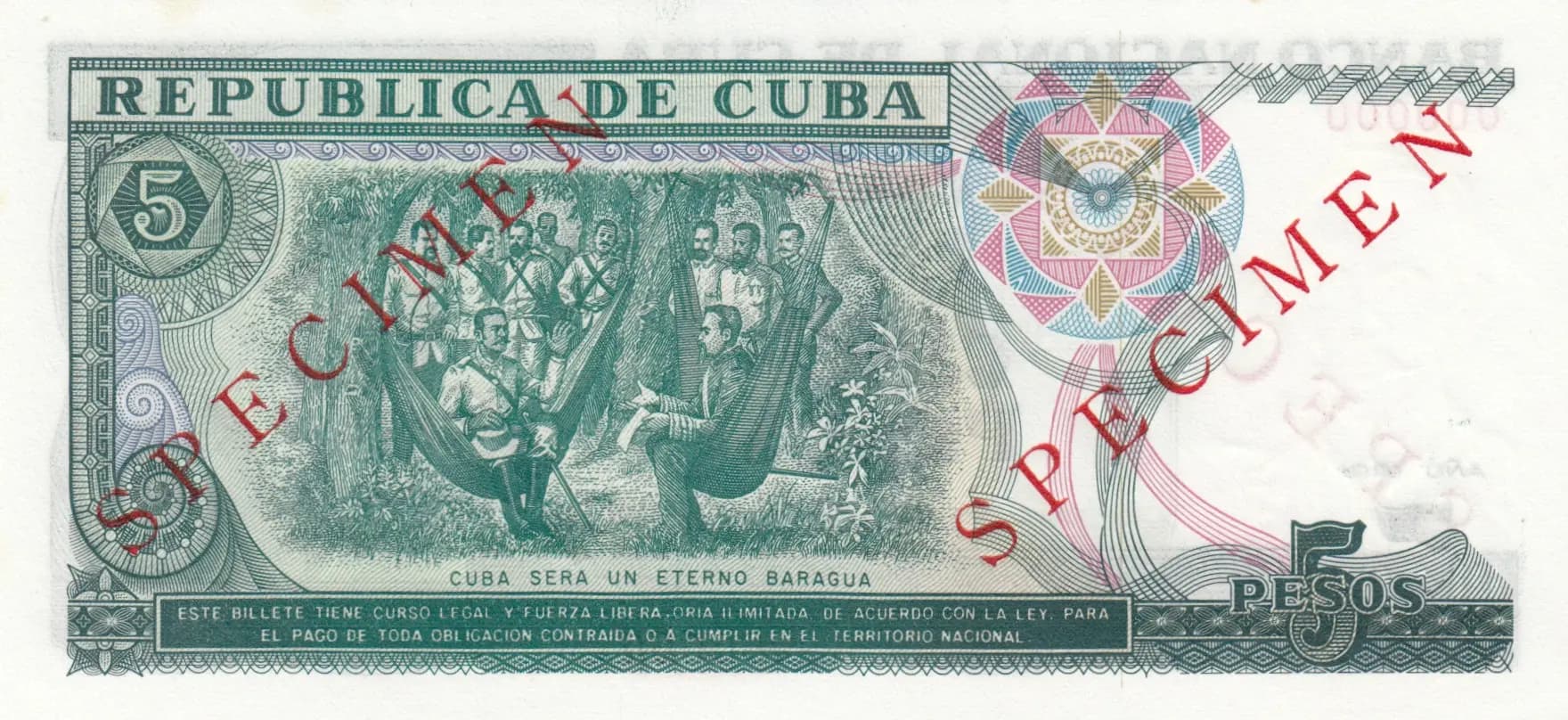 5 pesos 1991 specimen from Cuba , P-108s (1991) — image 2