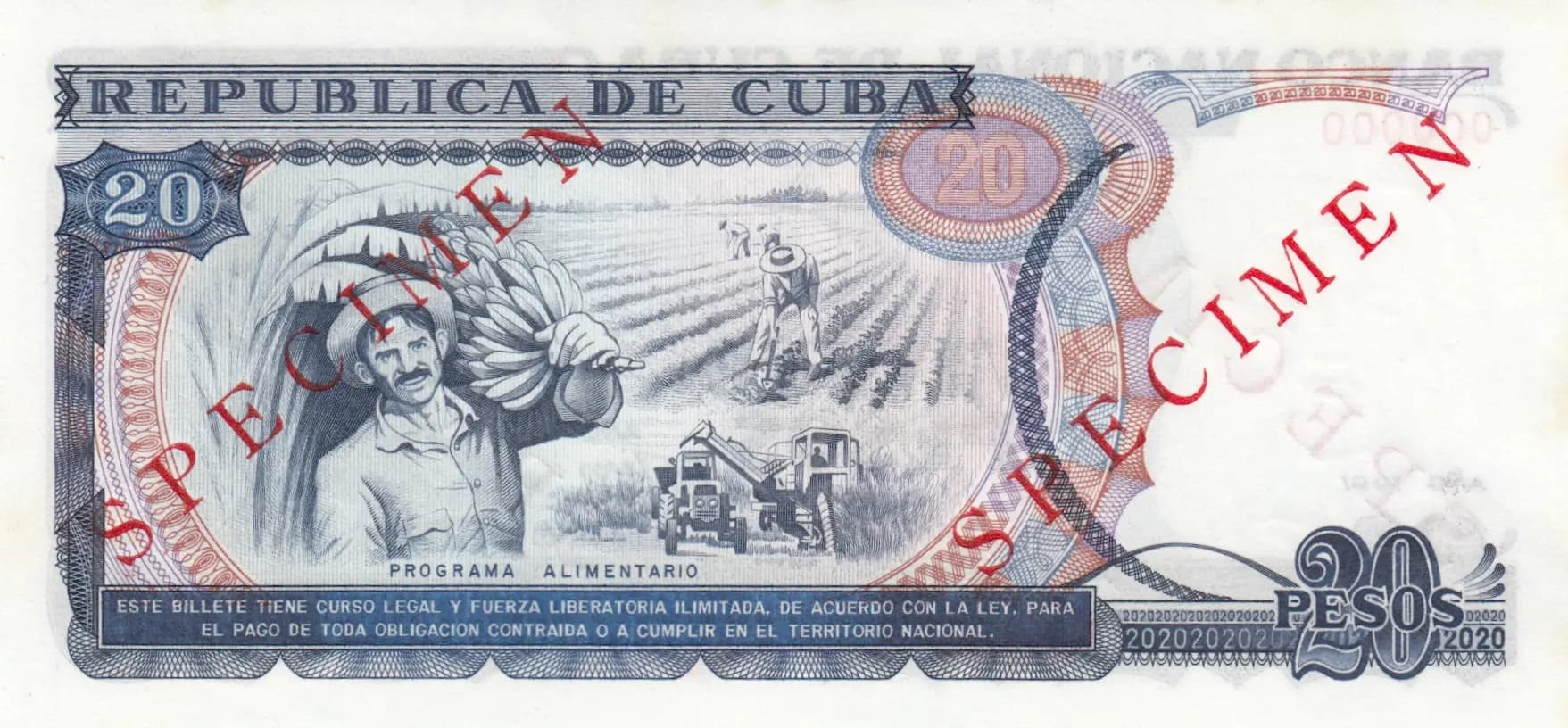 20 pesos 1991 specimen from Cuba , P-110s (1991) — image 2