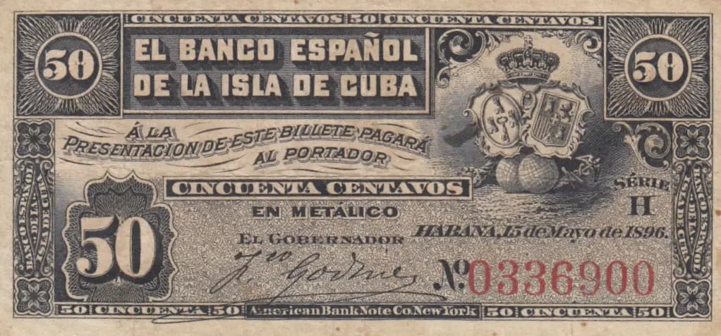 50 centavos 1896 from Cuba , P-46a