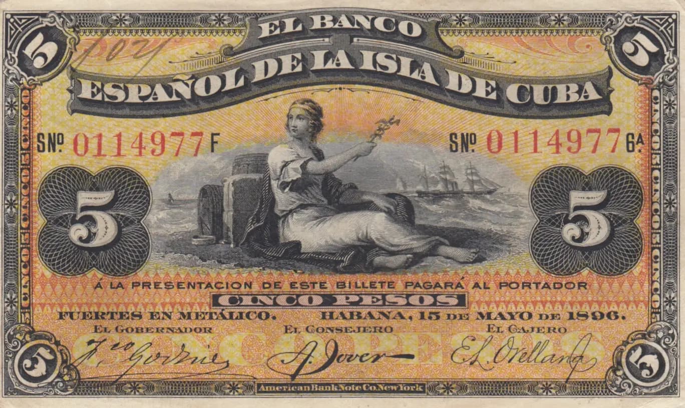 5 pesos 1896 from Cuba , P-48a