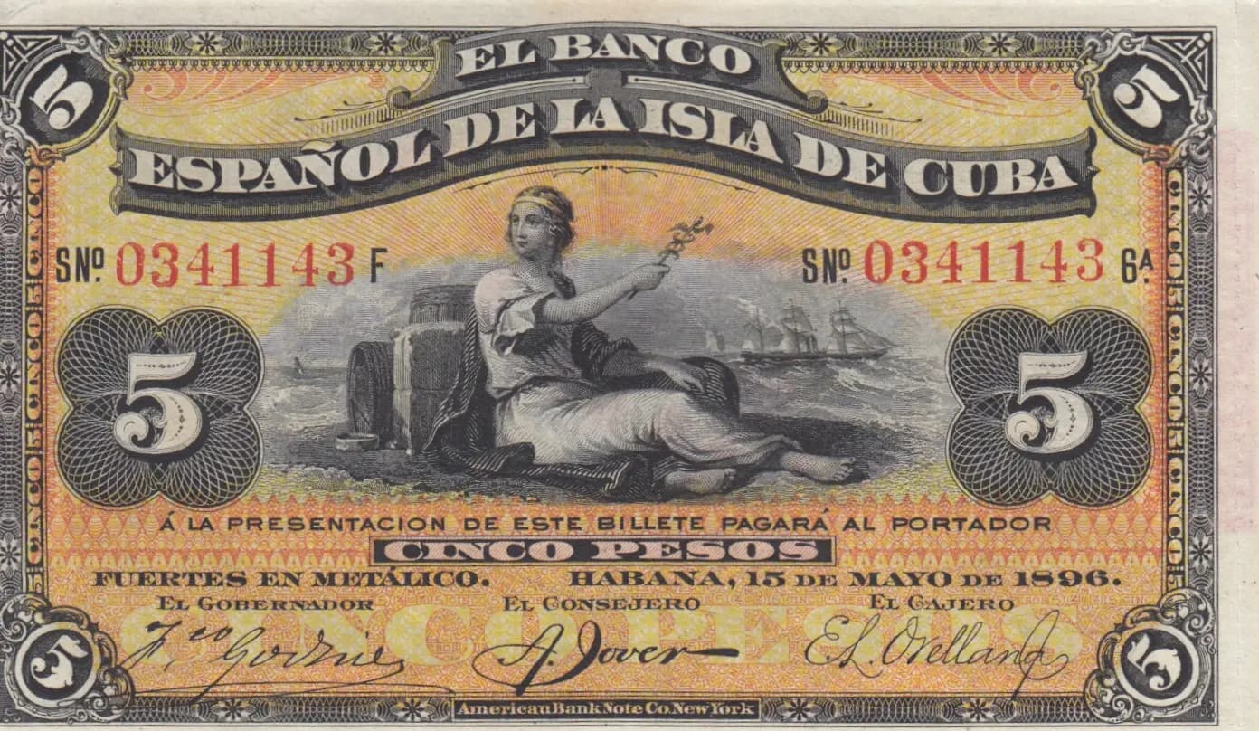 5 pesos 1896 from Cuba , P-48b (1896) — image 1