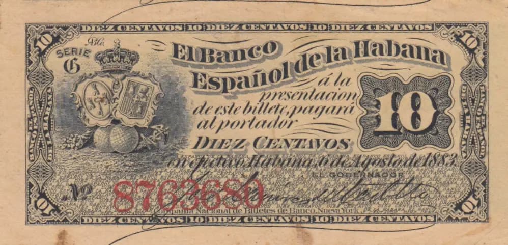 10 centavos 1883 from Cuba , P-30