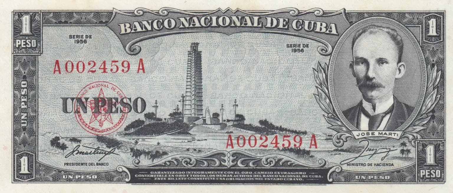 1 peso 1956 from Cuba , P-87a (1956) — image 1