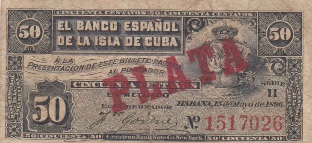 50 centavos 1896 from Cuba , P-46b