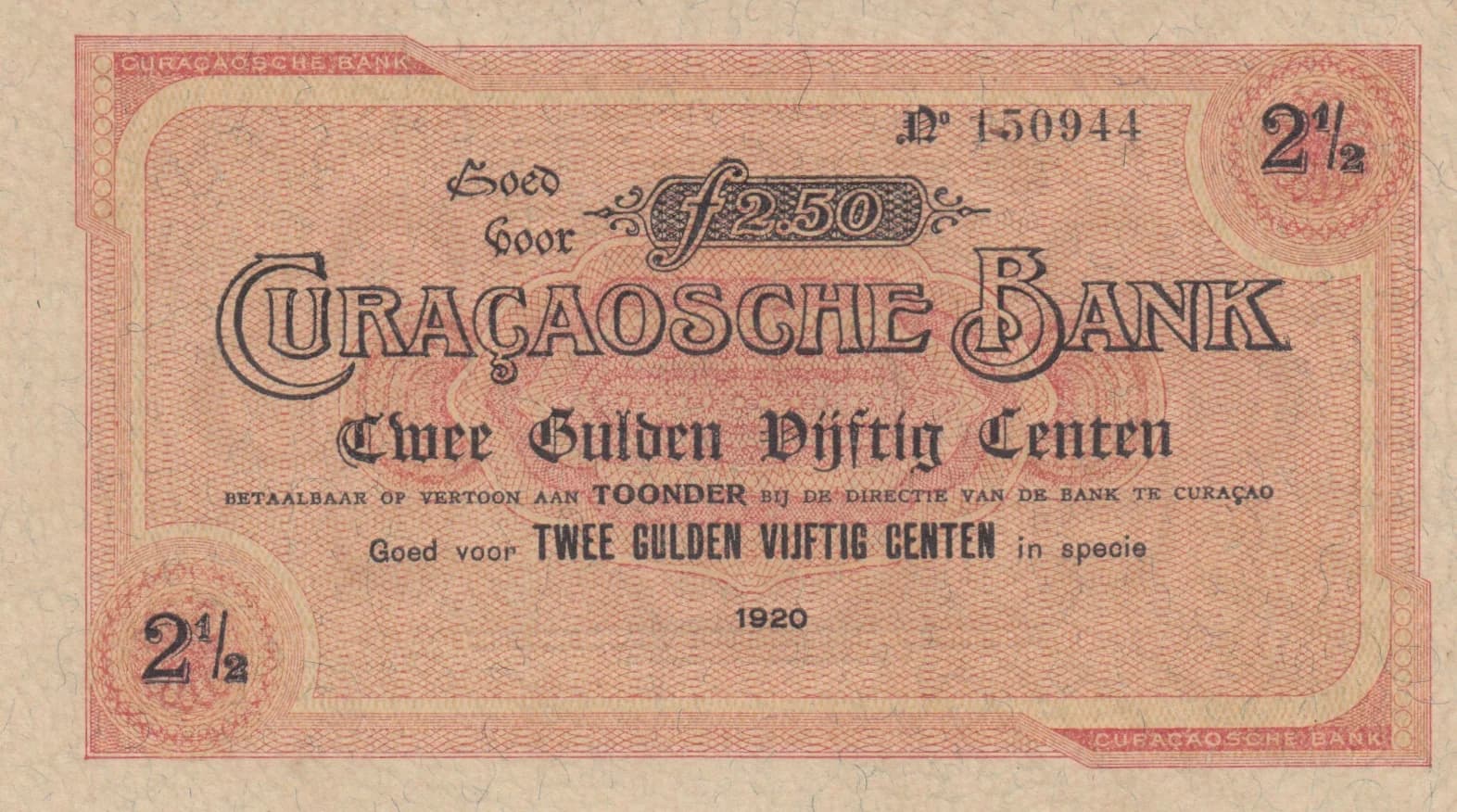 2 1/2 gulden 1920 from Curacao, P-7Cr (1920) — image 1