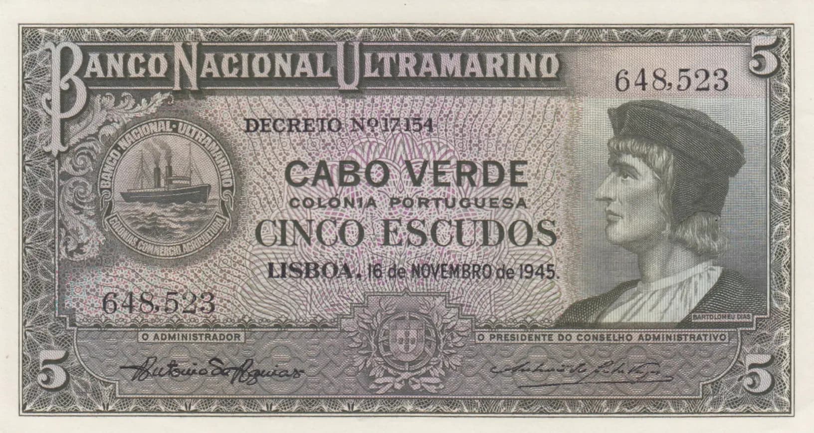5 escudos 1945 from Cape Verde, P-41 (1945) — image 1