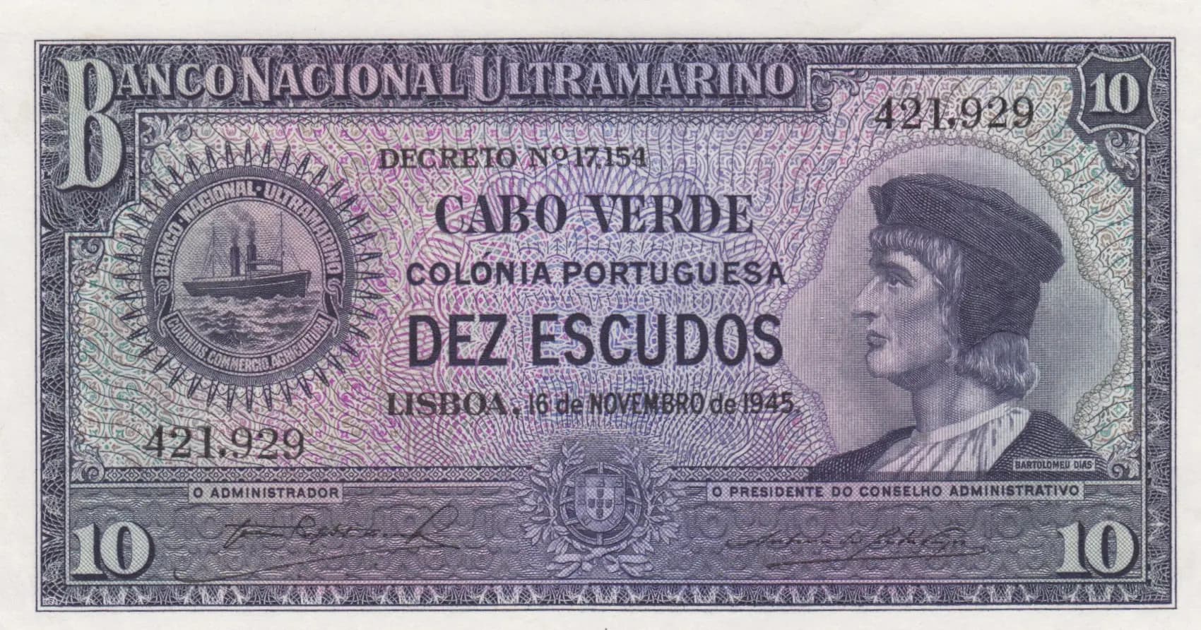 10 escudos 1945 from Cape Verde, P-42