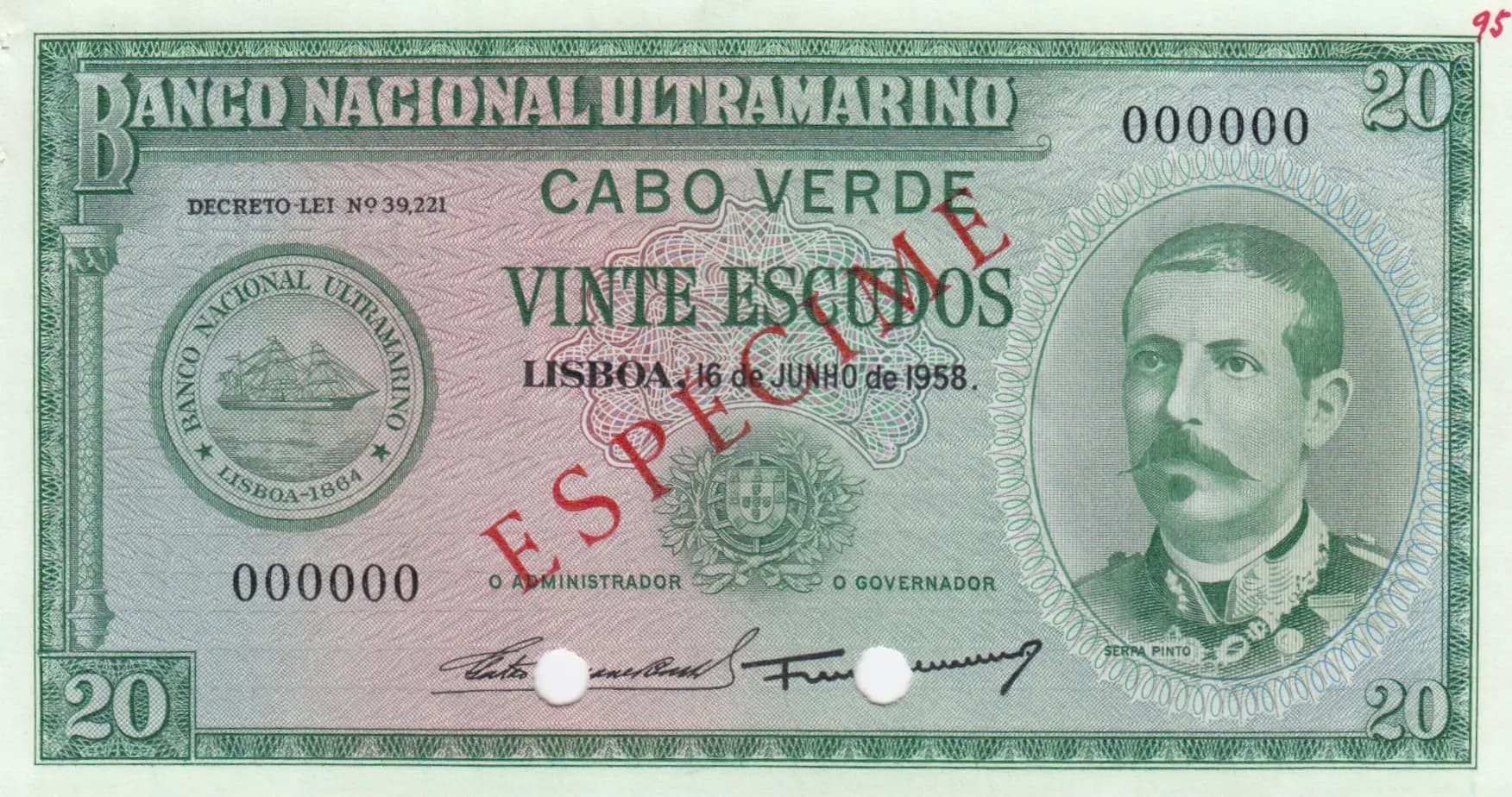20 escudos 1958 specimen from Cape Verde, P-47s