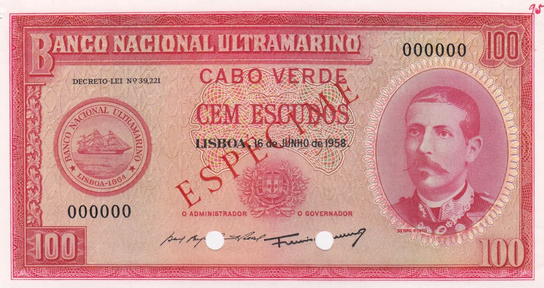 100 escudos 1958 specimen from Cape Verde, P-49s (1958) — image 1