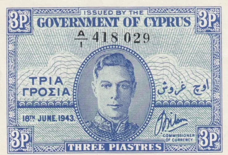 3 piastres 1943 from Cyprus, P-28