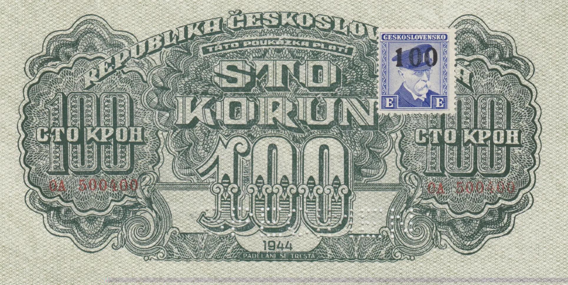 100 korun 1945 specimen from Czechoslovakia, P-53s