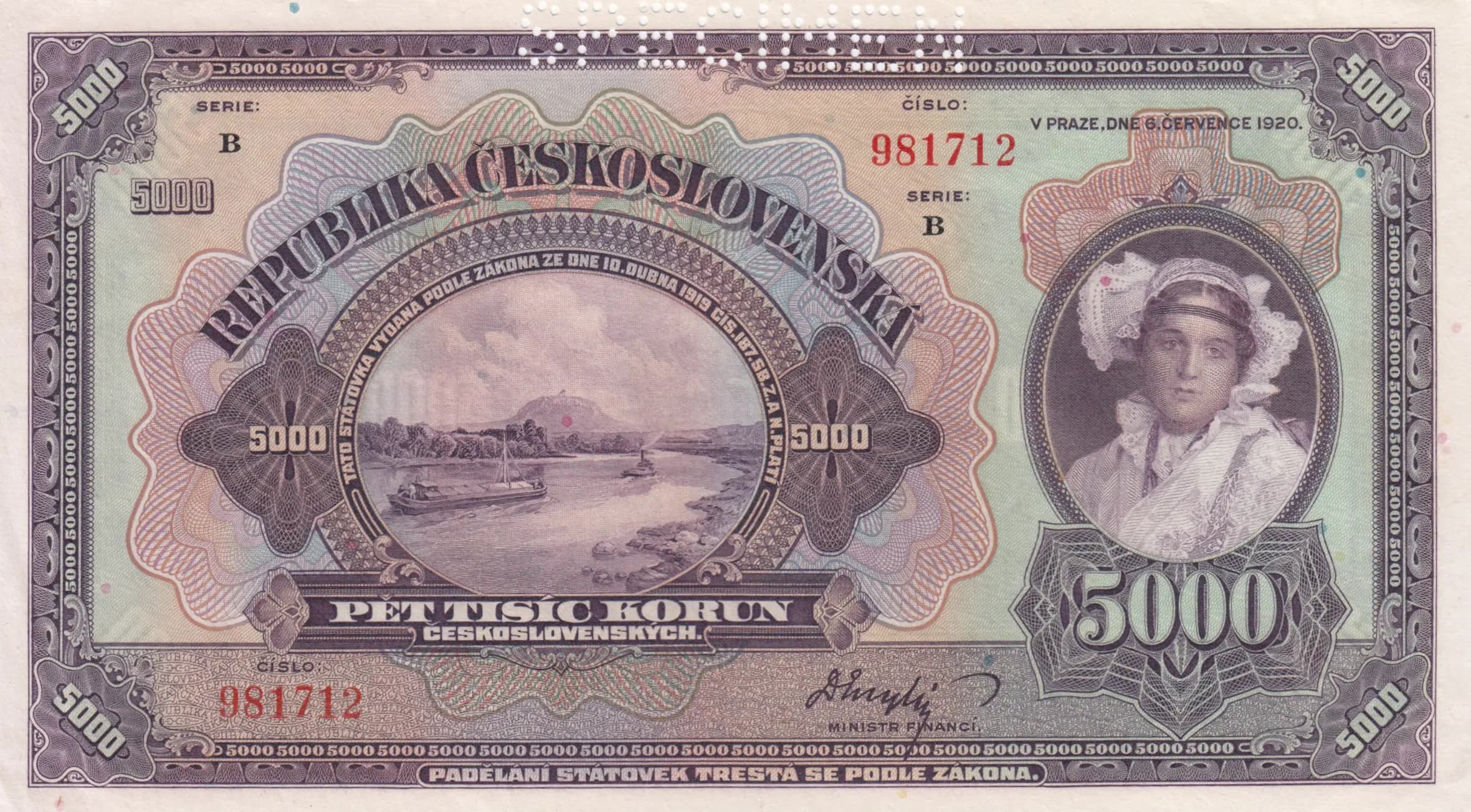 5000 korun 1920 specimen from Czechoslovakia, P-19s