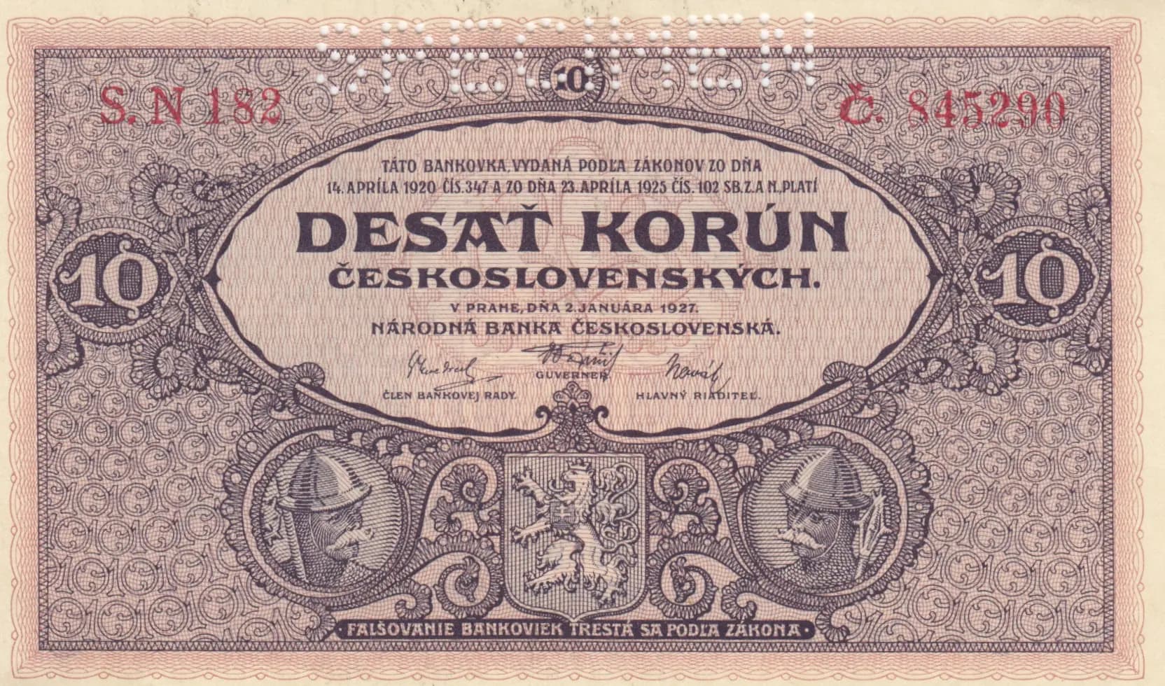 10 korun 1927 specimen from Czechoslovakia, P-20s