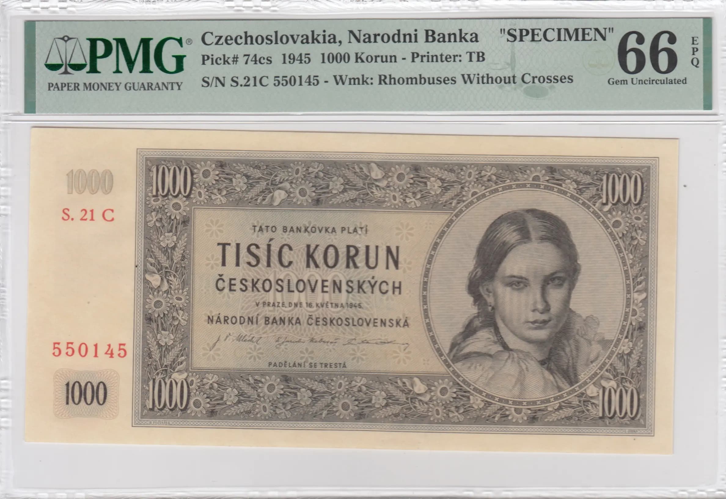 1000 korun 1945 specimen from Czechoslovakia, P-74cs