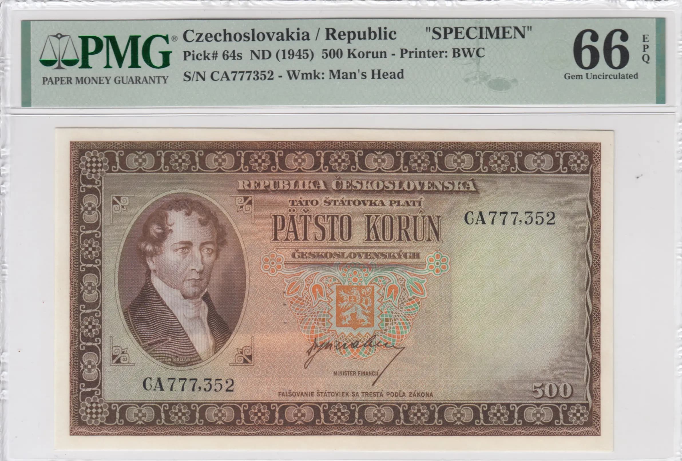 500 korun 1945 specimen from Czechoslovakia, P-64s