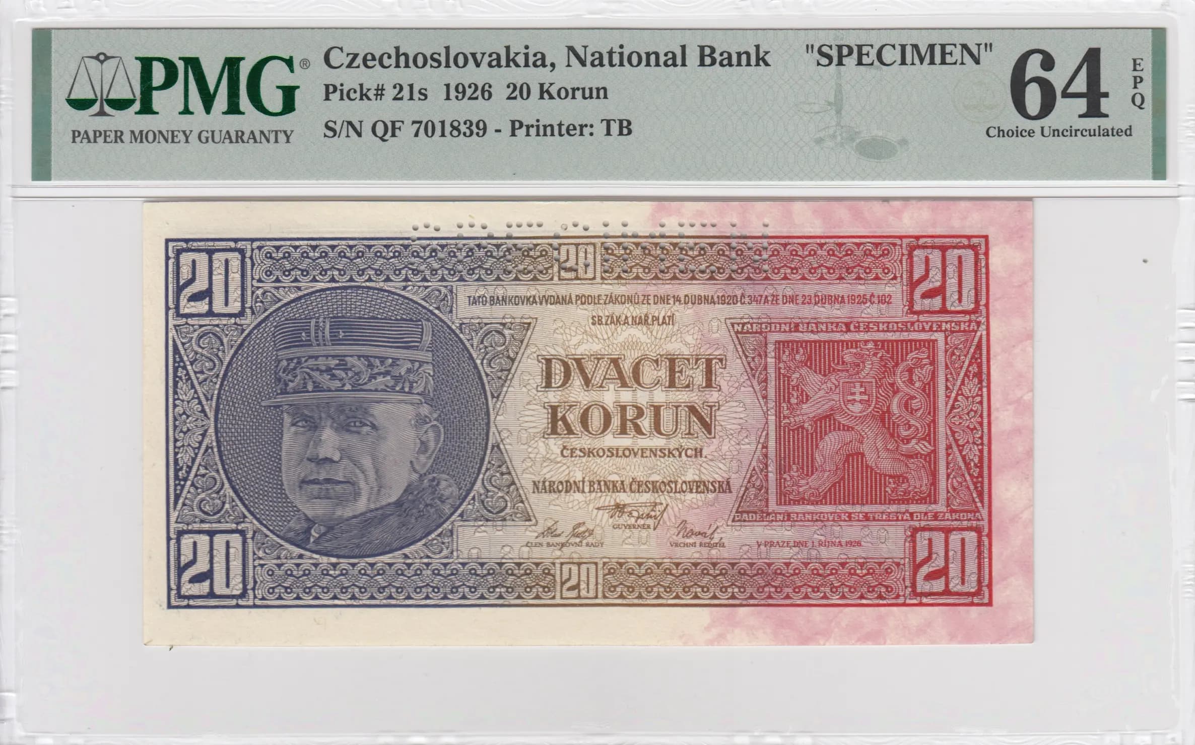 20 korun 1926 specimen from Czechoslovakia, P-21s
