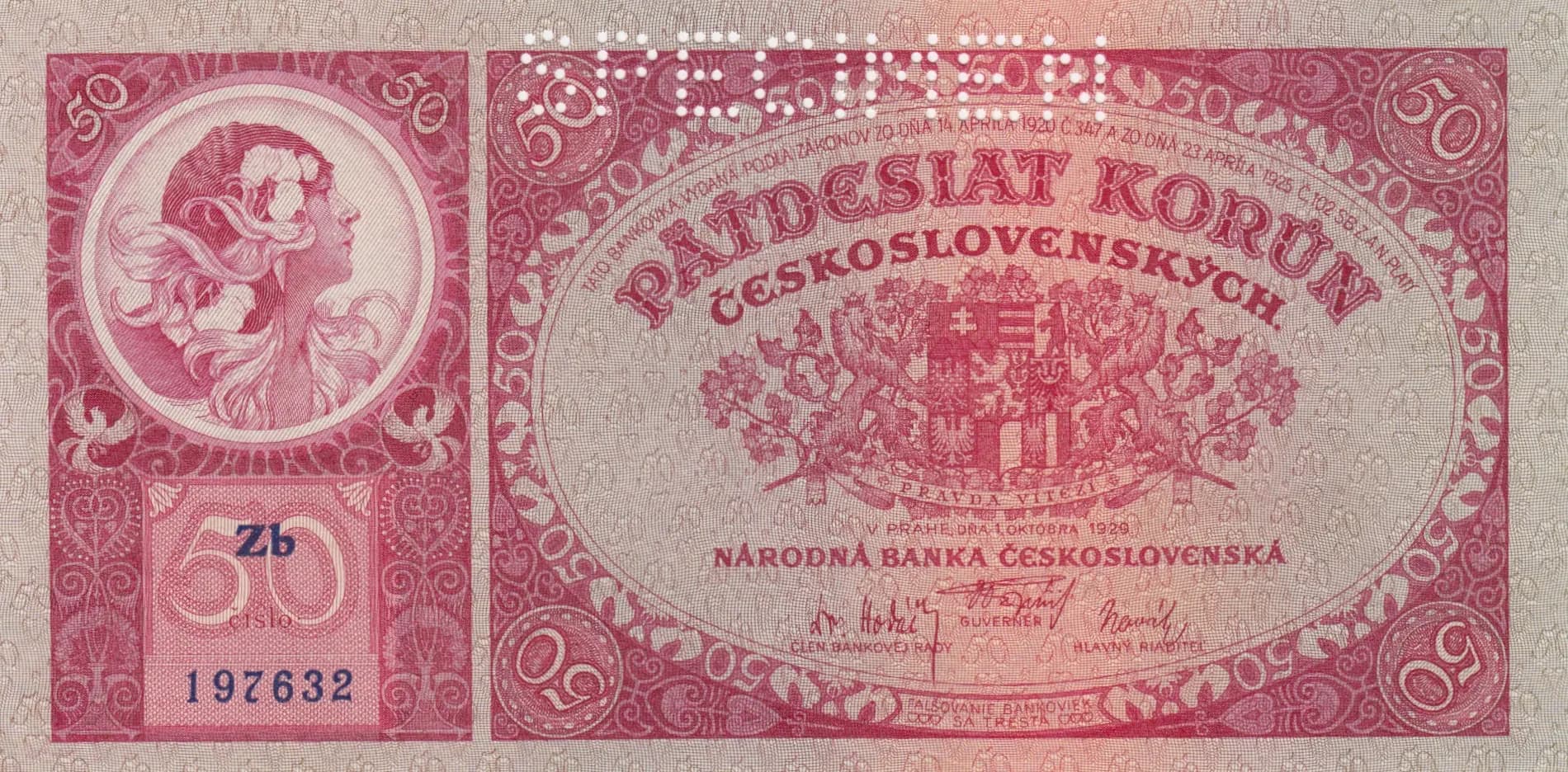 50 korun 1929 specimen from Czechoslovakia, P-22s