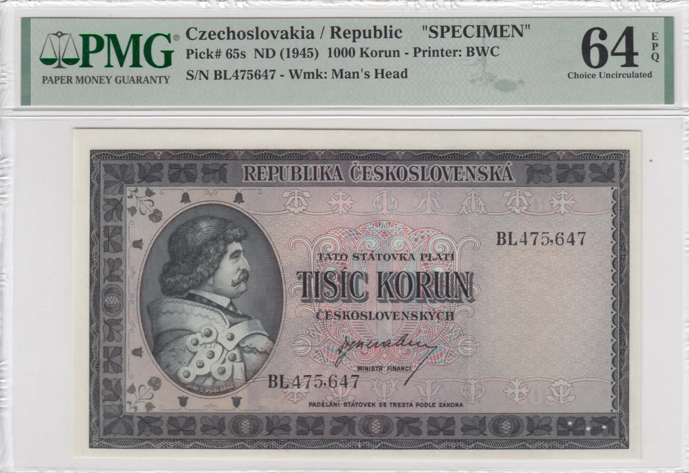 1000 korun 1945 specimen from Czechoslovakia, P-65s (1945) — image 1