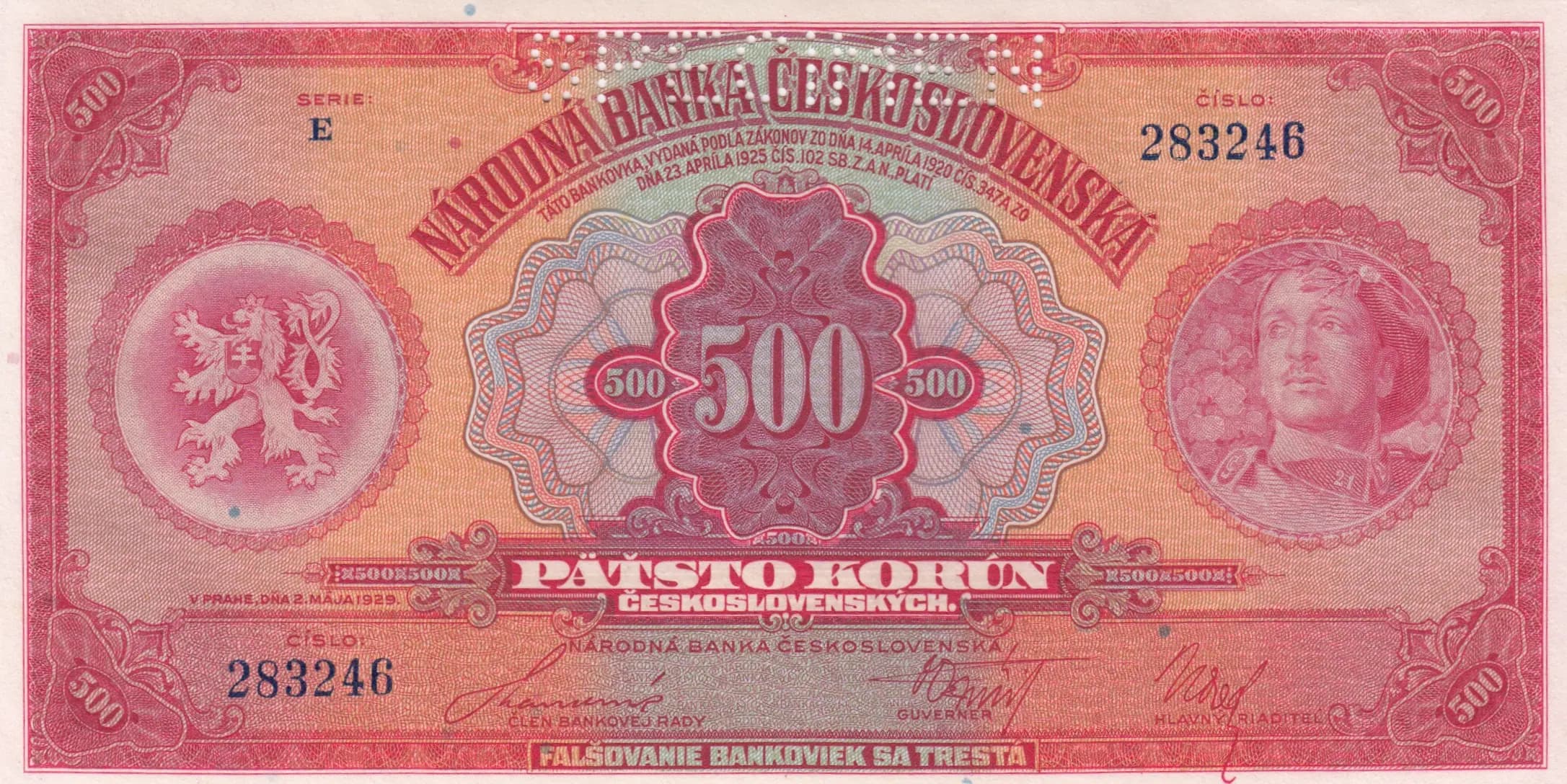 500 korun 1929 specimen from Czechoslovakia, P-24s (1929) — image 1