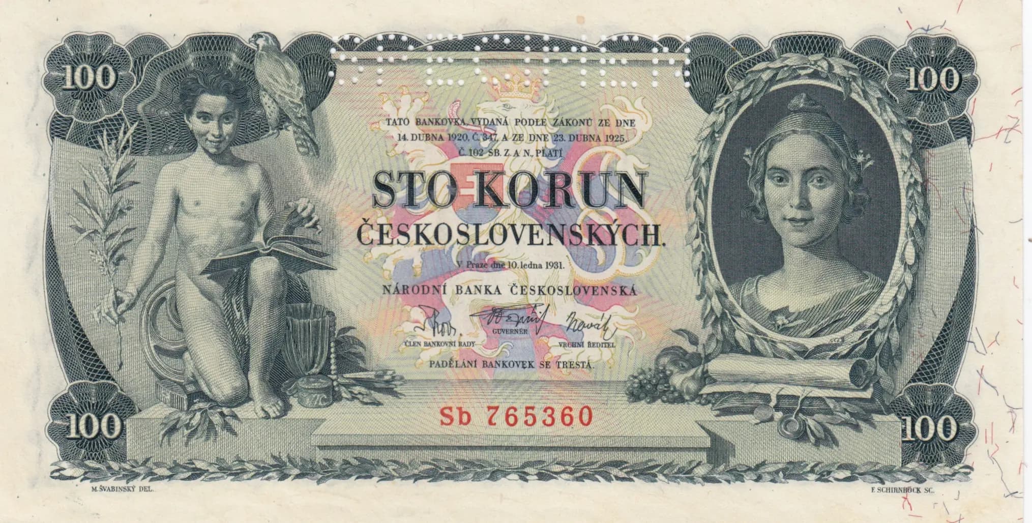 100 korun 1931 specimen from Czechoslovakia, P-23s