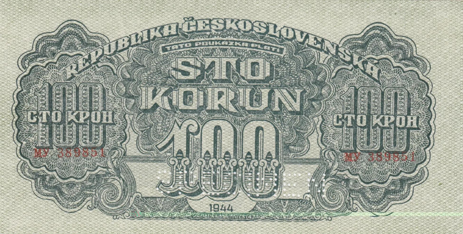 100 korun 1944 specimen from Czechoslovakia, P-48s (1944) — image 1