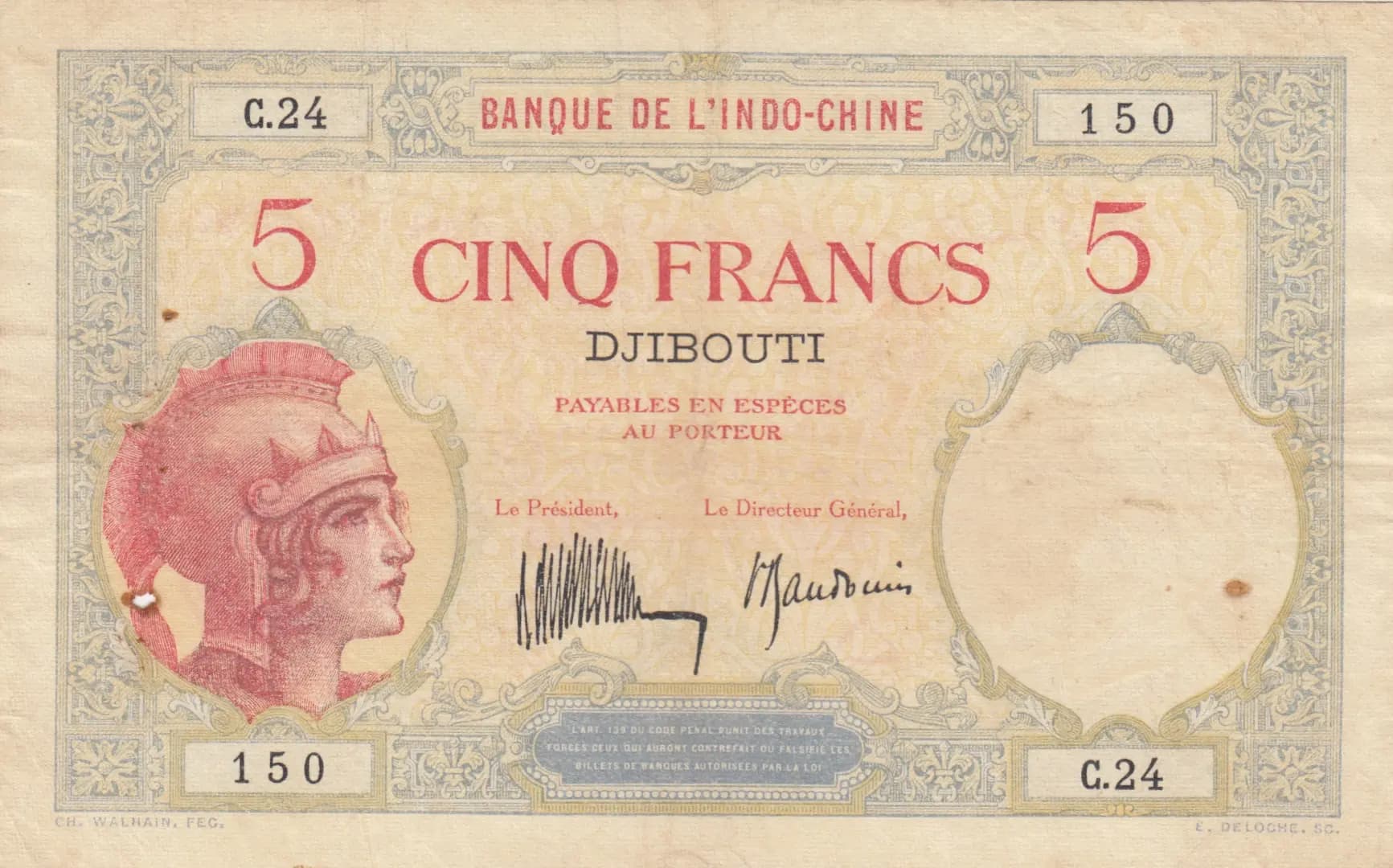 5 francs 1928 from Djibouti, P-6b