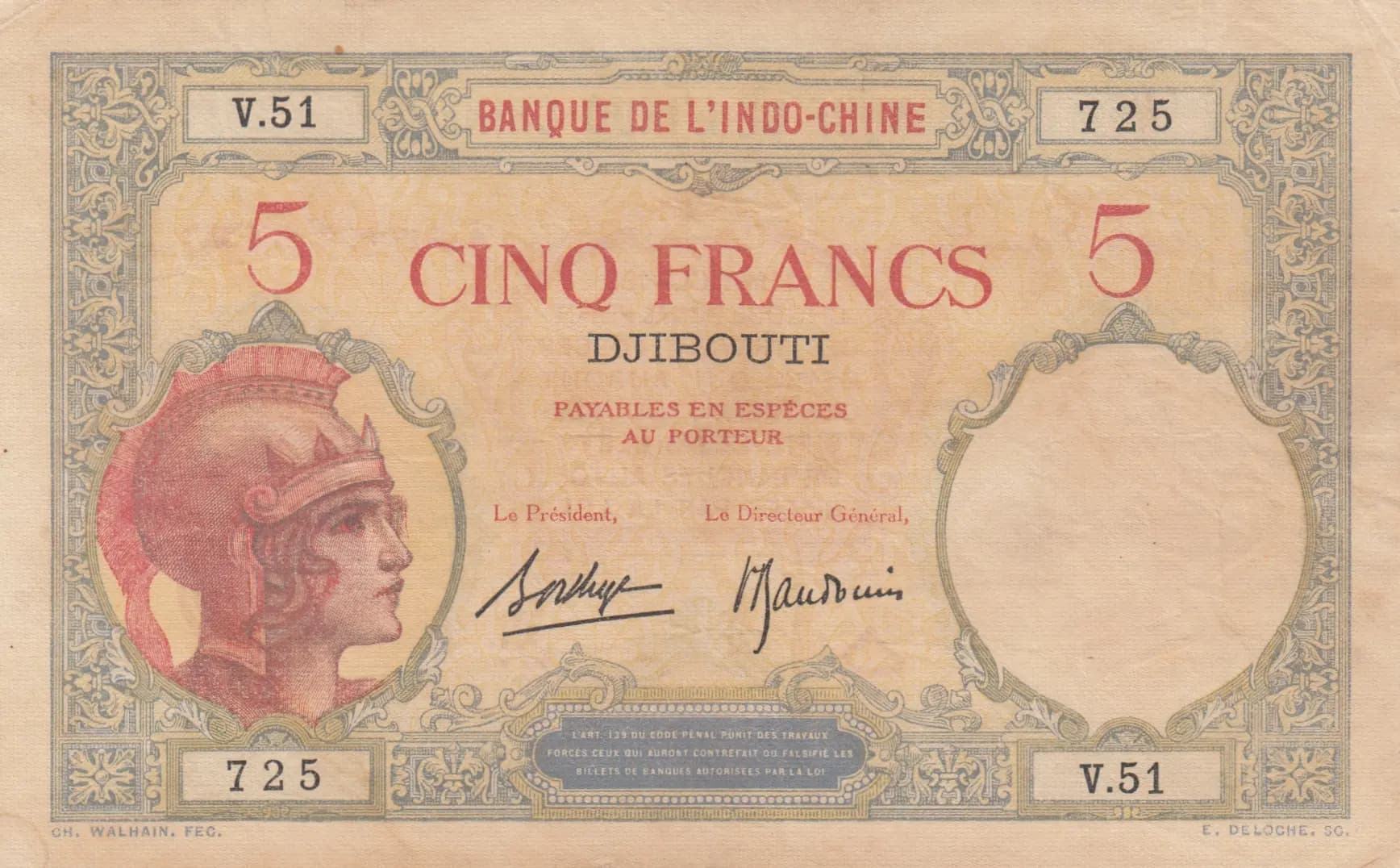 5 francs 1928 from Djibouti, P-6b (1928) — image 1