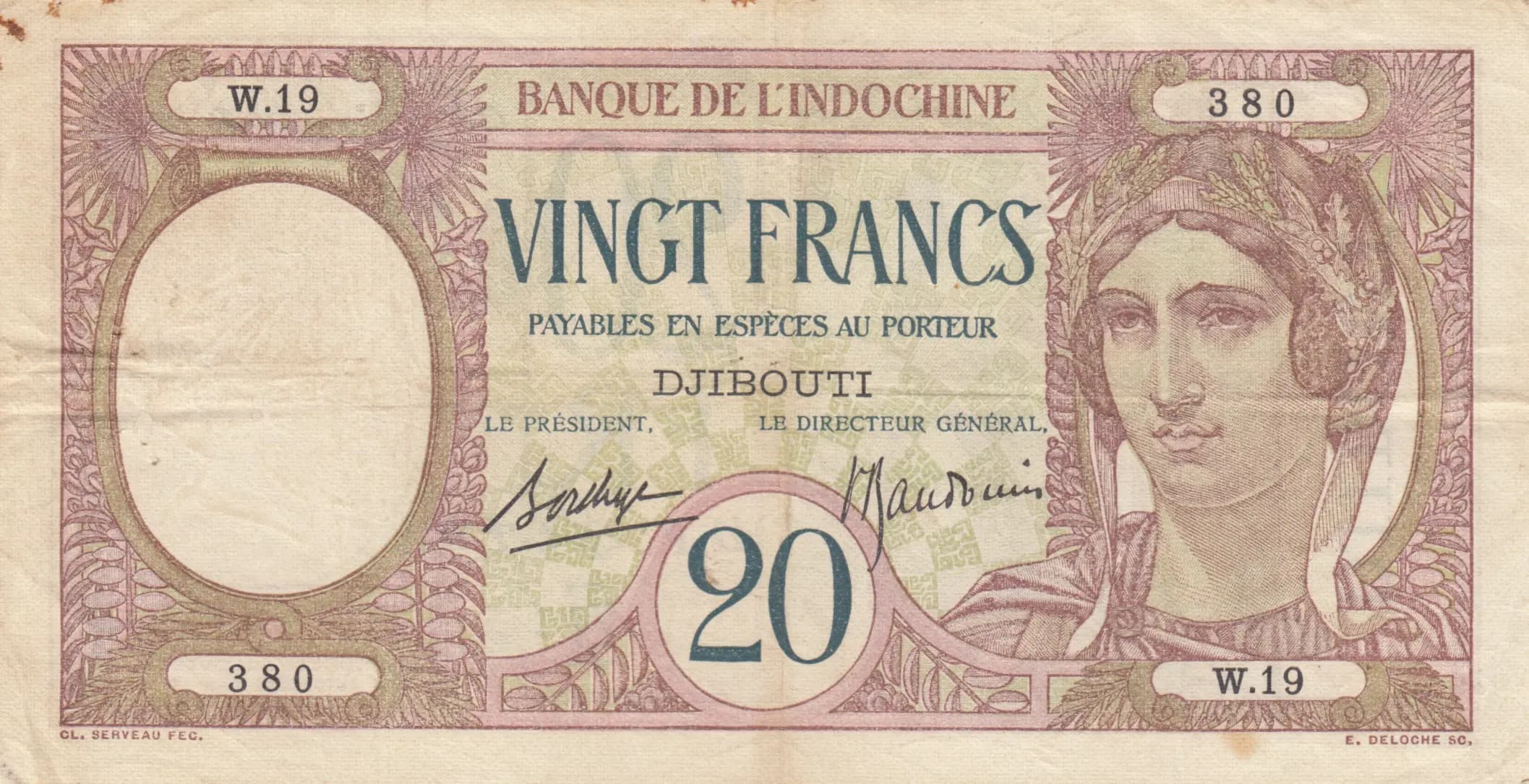 20 francs 1928 from Djibouti, P-7b