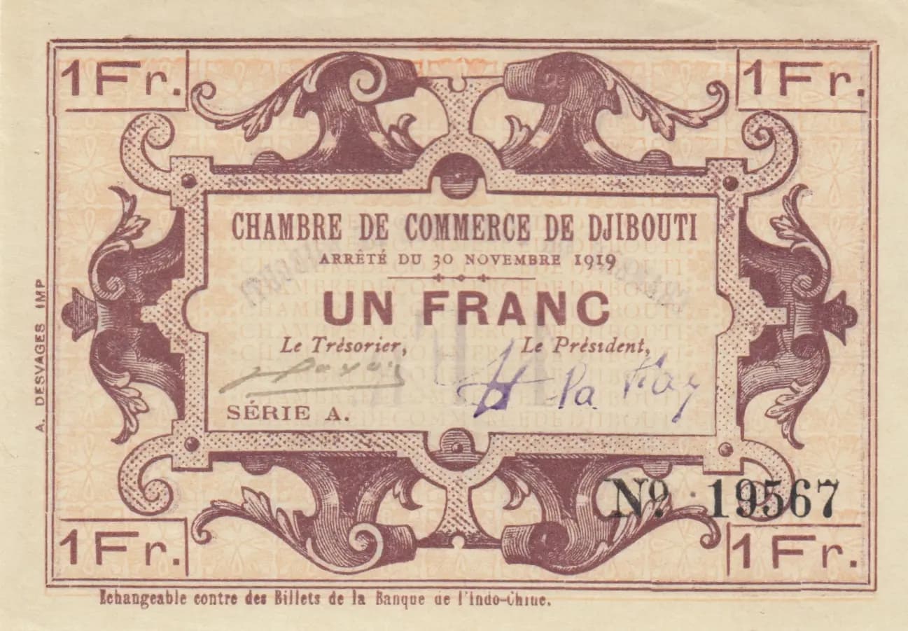 1 franc 1919 from Djibouti, P-24 (1919) — image 1