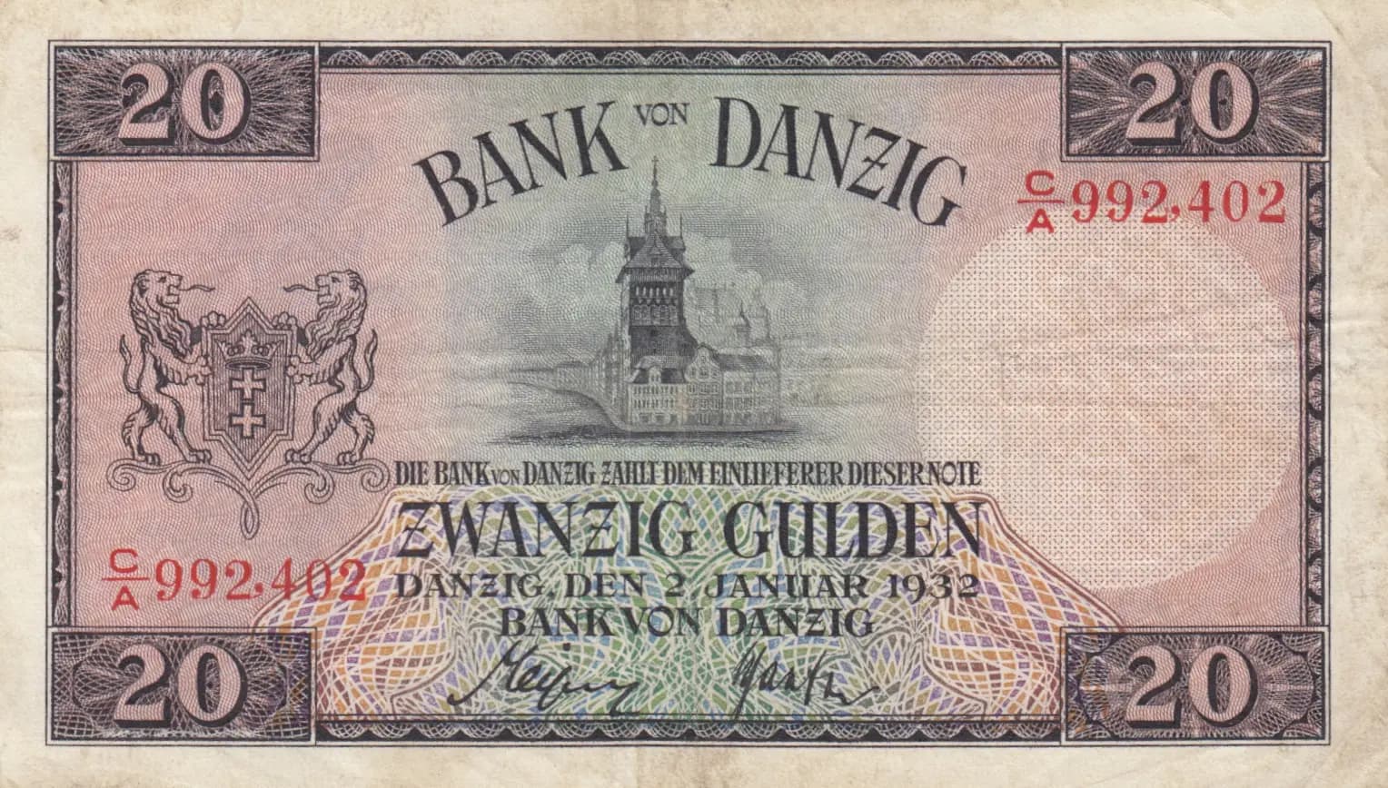 20 gulden 1932 from Danzig, P-60 (1932) — image 1