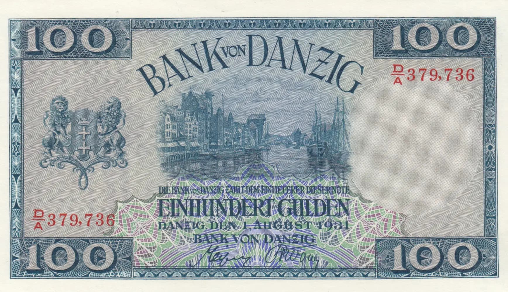 100 gulden 1931 from Danzig, P-62 (1931) — image 1