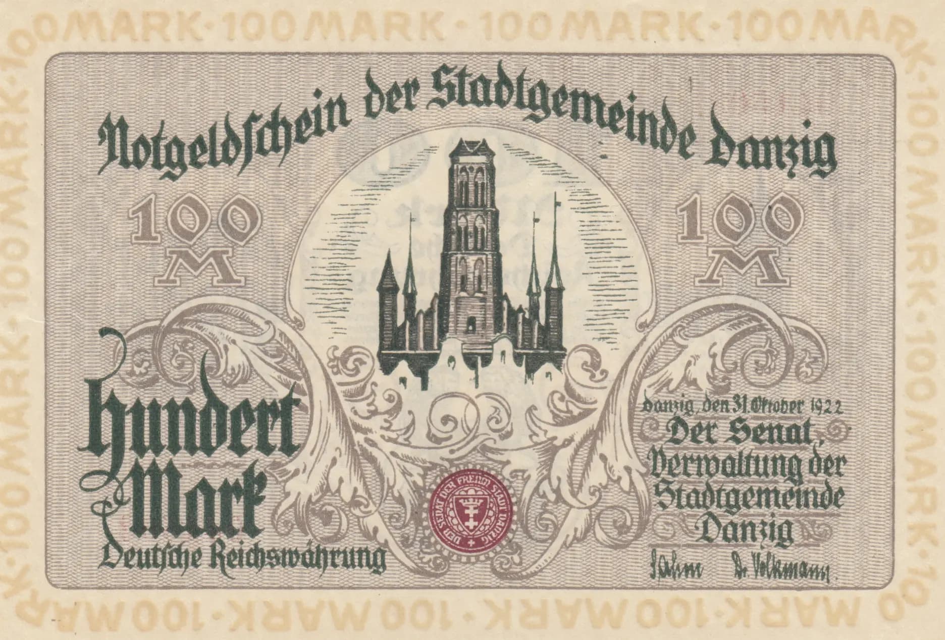 100 mark 1922 from Danzig, P-13