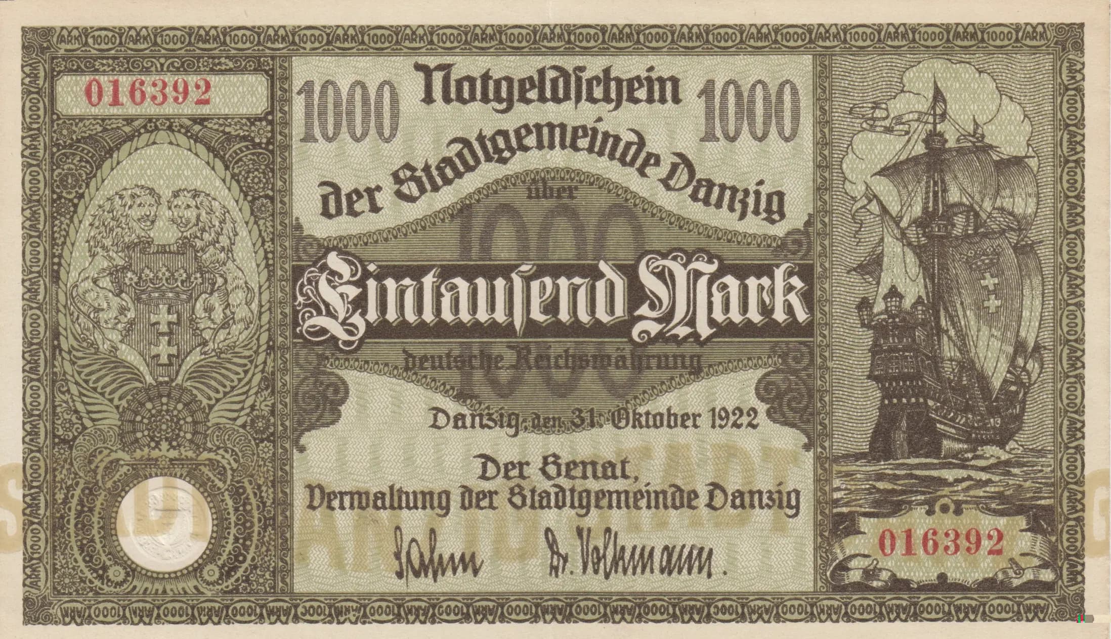 1000 mark 1922 from Danzig, P-15