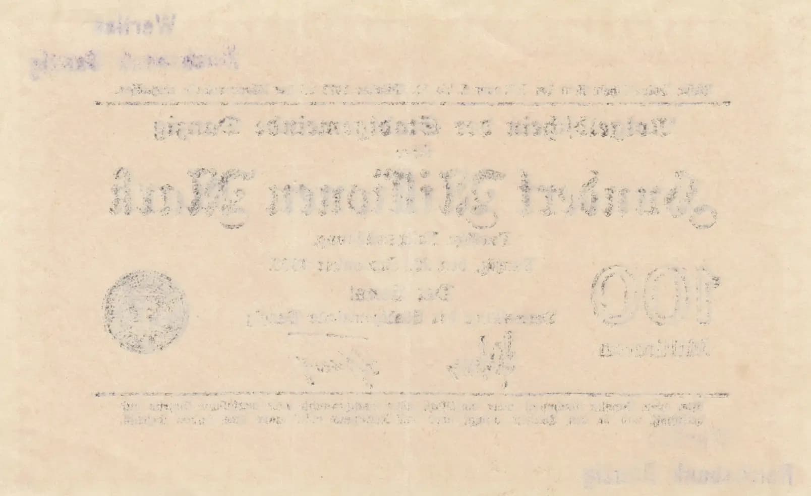 100 000 000 mark 1923 from Danzig, P-27a (1923) — image 2