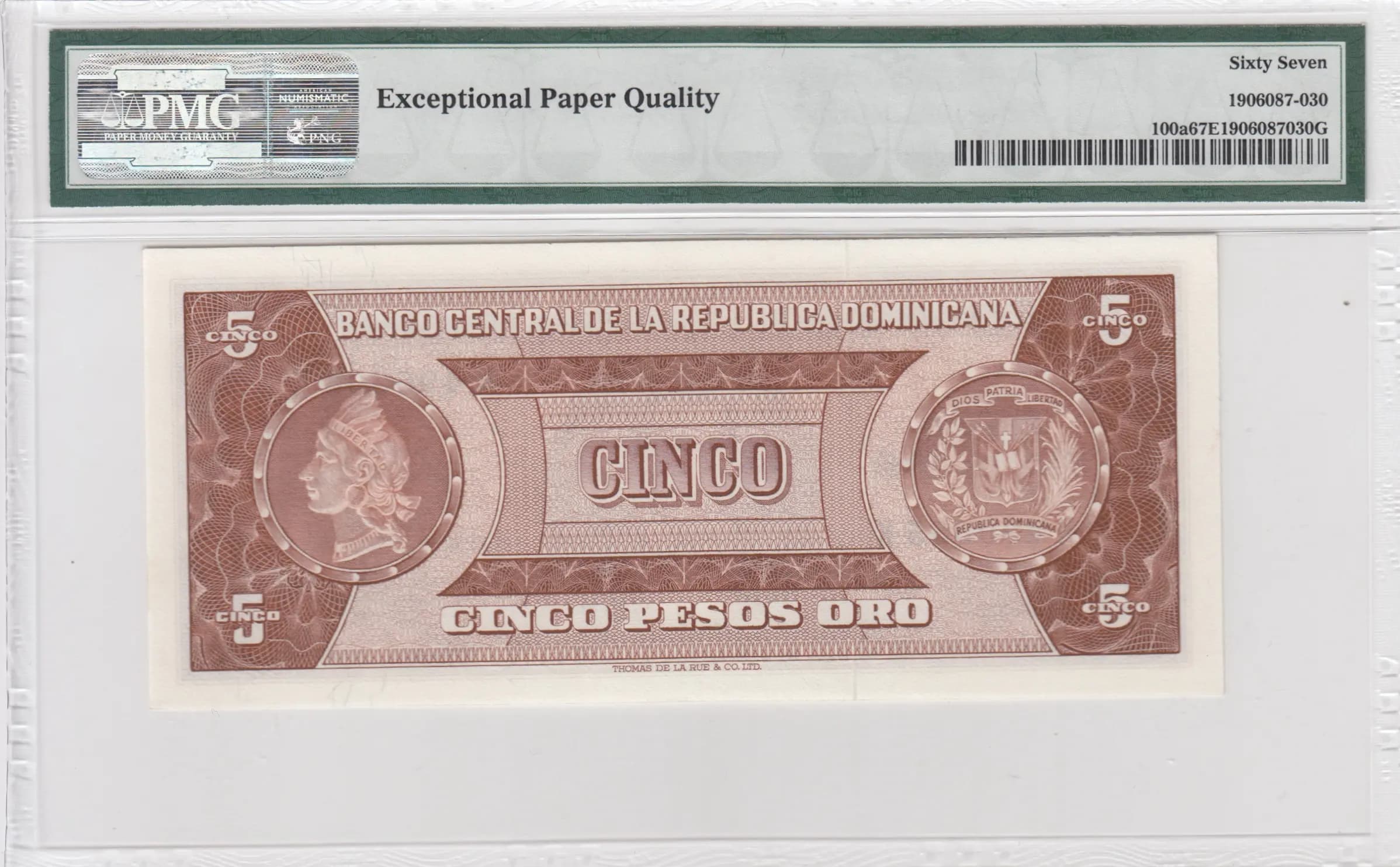 5 pesos oro 1964 from Dominican Republic, P-100a (1964) — image 2