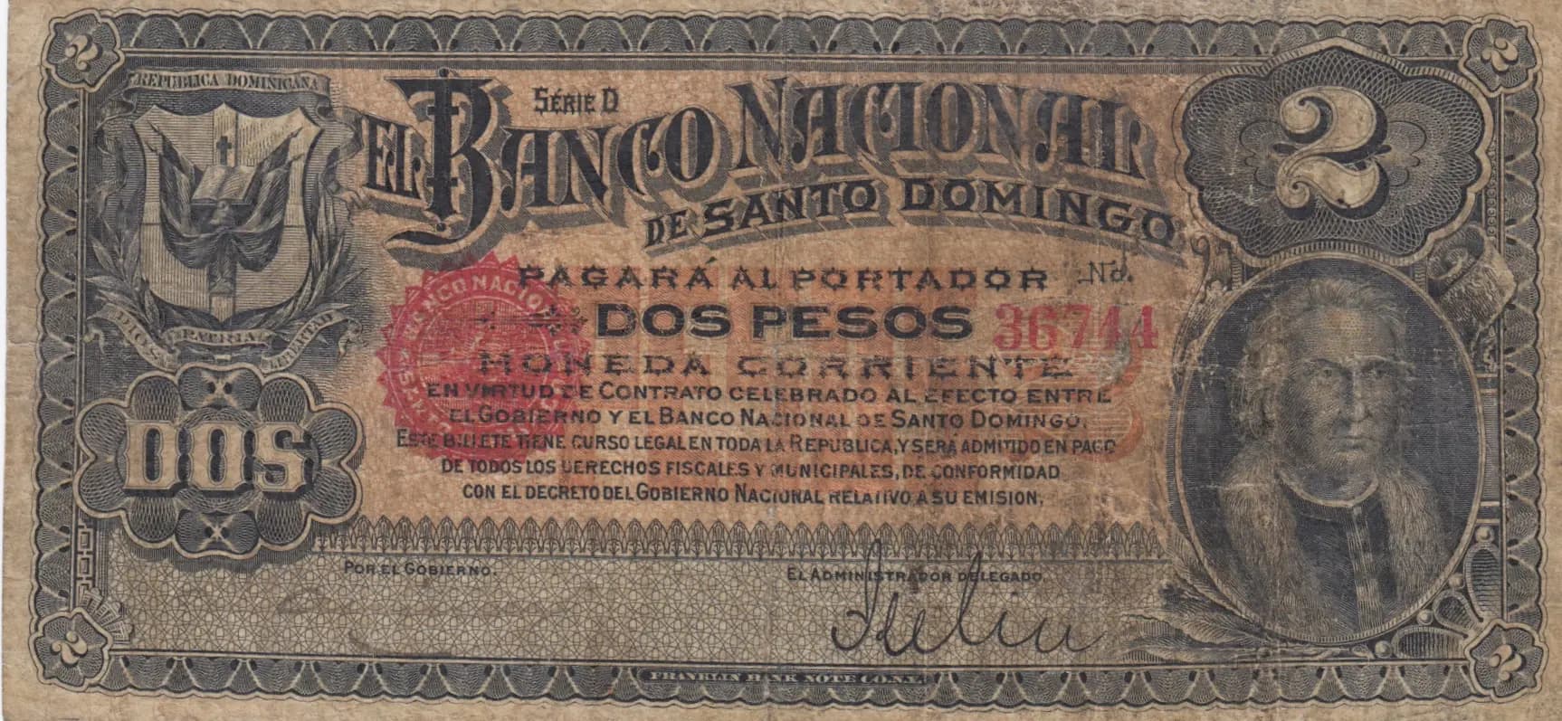 2 pesos 1898 from Dominican Republic, P-S132a